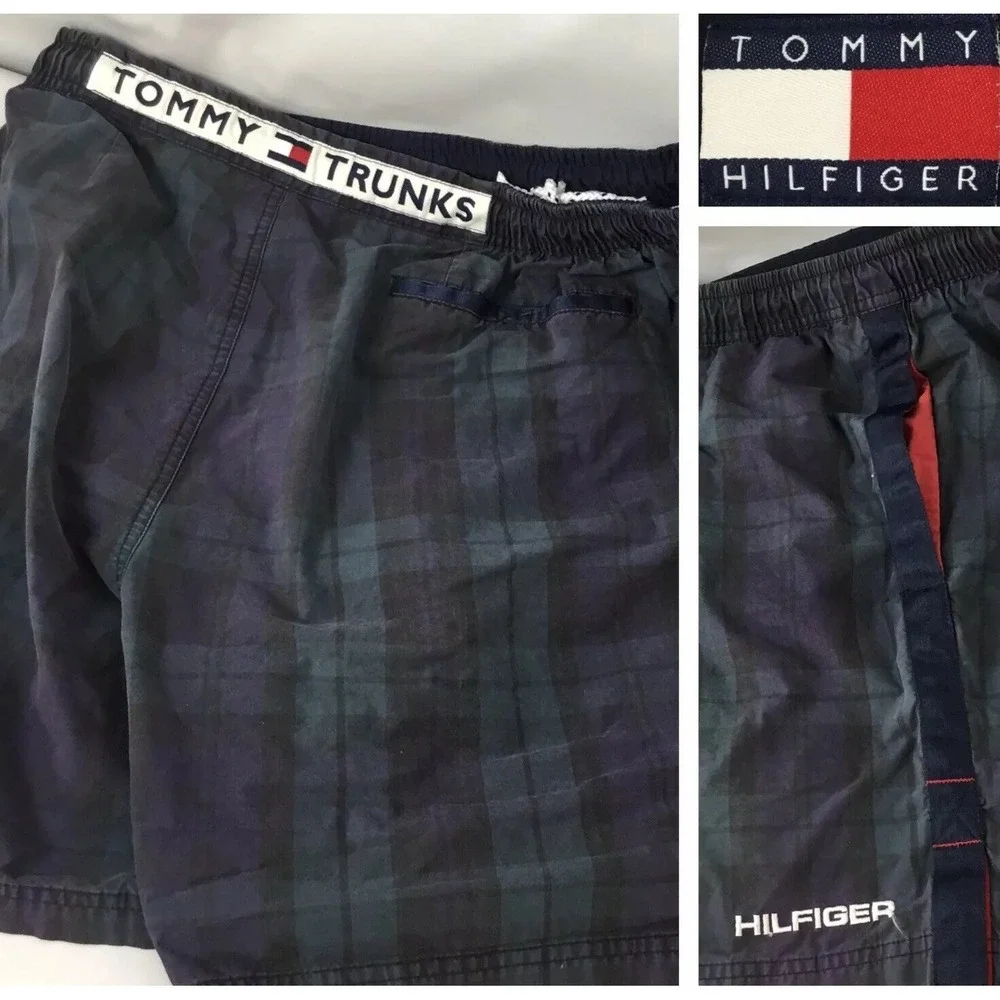 Vintage Tommy Hilfiger Shorts Sz XL Swim Trunks Reto 90s Tartan Plaid Spell Out